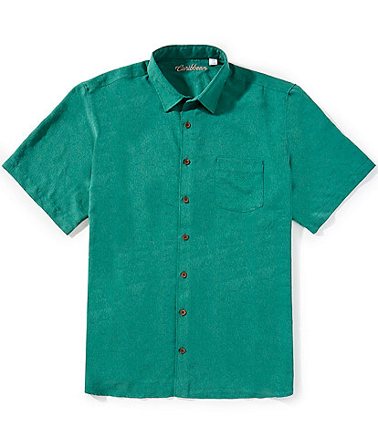 Caribbean Big & Tall Palm Paradise Jacquard Solid Short Sleeve Woven Shirt