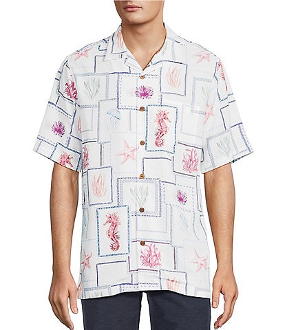 Caribbean Big & Tall Sealife Tile Print Short Sleeve Woven Camp Shirt