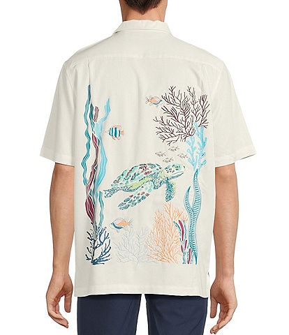 Caribbean Coral Reef Turtle Print Embroidery Short Sleeve Woven Camp Shirt