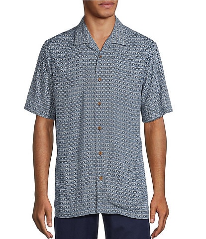 Caribbean Crushed Rayon Mini Geometric Print Short Sleeve Woven Camp Shirt