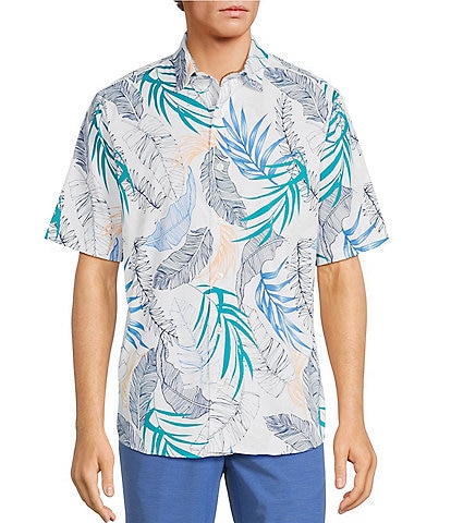 Caribbean Isle Breeze Performance Stretch Large Leaves Tropical Print Short Sleeve Woven Shirt