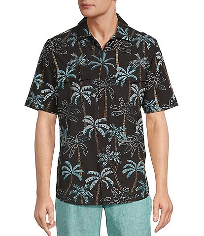 Caribbean Isle Breeze Performance Stretch Palm Print Short Sleeve Woven Shirt