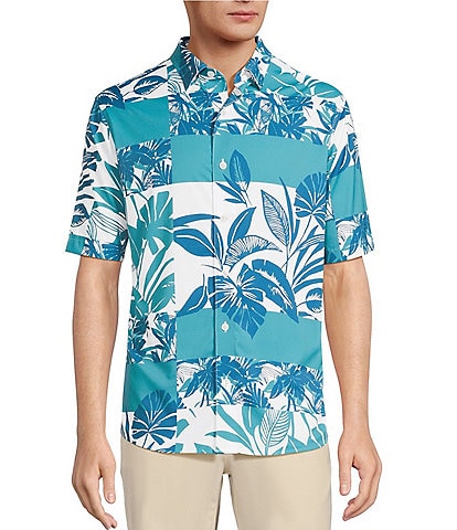 Caribbean Isle Breeze Performance Stretch Patchwork Tropical Print Short Sleeve Woven Shirt