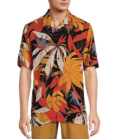Caribbean Large Leaf Printed Short Sleeve Woven Camp Shirt
