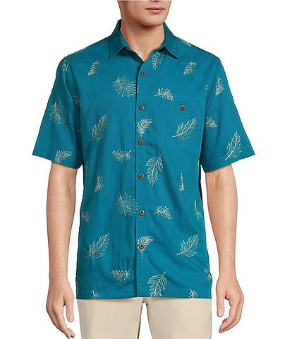 Caribbean Leaf Embroidery Short Sleeve Woven Shirt