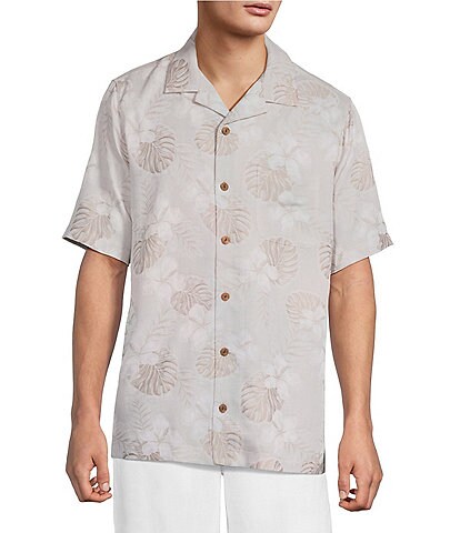 Caribbean Leaf Print Short Sleeve Woven Camp Shirt