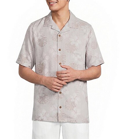 Caribbean Leaf Print Short Sleeve Woven Camp Shirt