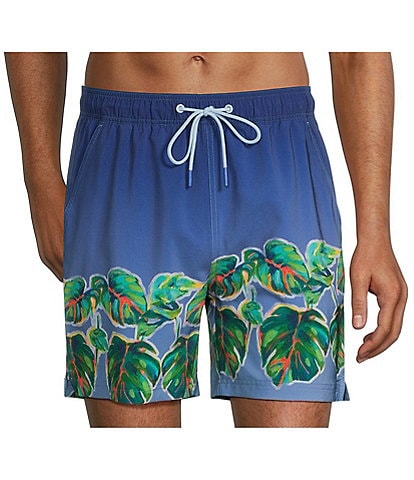 Caribbean Ombre Palm Leaves 6#double; Inseam Swim Trunks