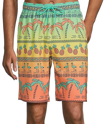 Caribbean Ombre Palms Placed 9#double; Inseam Swim Trunks