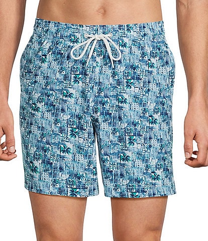 Caribbean Palm Grid 6#double; Inseam Swim Trunks