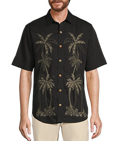 Caribbean Palm Panel Embroidery Short Sleeve Woven Shirt