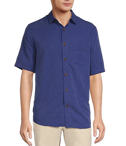 Caribbean Palm Paradise Jacquard Solid Short Sleeve Woven Shirt