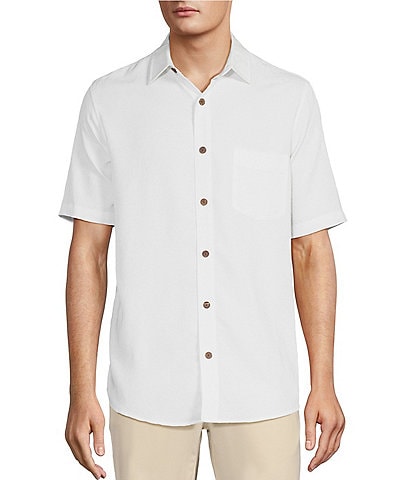 Caribbean Palm Paradise Jacquard Solid Short Sleeve Woven Shirt