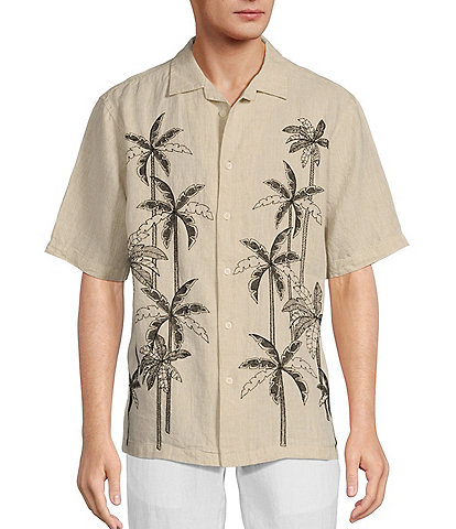Caribbean Relaxed Palm Print Embroidery Linen Short Sleeve Woven Shirt