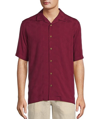 Caribbean Palm Trees Jacquard Short Sleeve Woven Camp Shirt