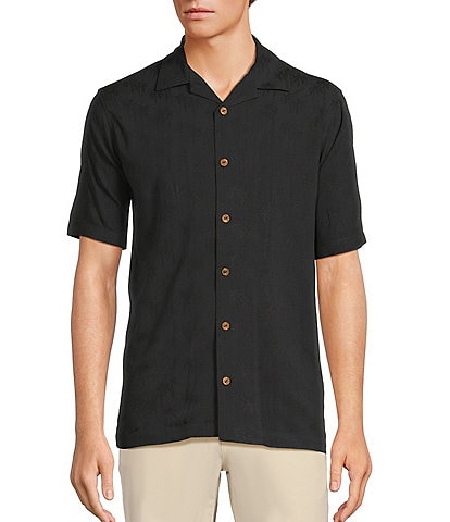 Caribbean Palm Trees Jacquard Short Sleeve Woven Camp Shirt
