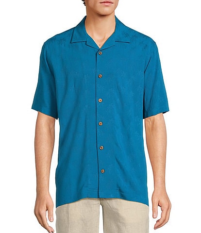 Caribbean Palm Trees Jacquard Short Sleeve Woven Camp Shirt