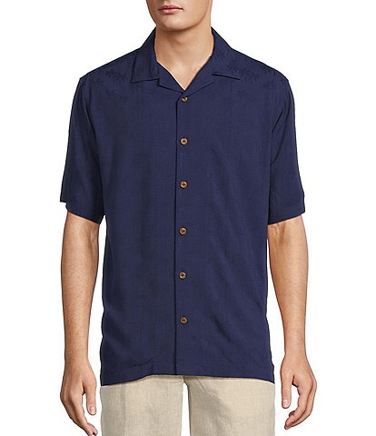 Caribbean Palm Trees Jacquard Short Sleeve Woven Camp Shirt