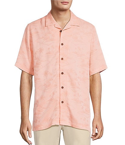 Caribbean Paradise Island Textured Short Sleeve Woven Camp Shirt