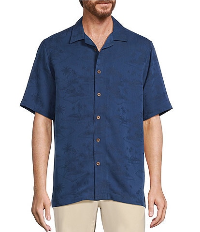 Caribbean Paradise Island Textured Short Sleeve Woven Camp Shirt