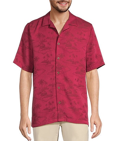 Caribbean Paradise Island Textured Short Sleeve Woven Camp Shirt