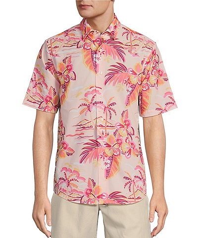 Caribbean Pastel Palm Performance Printed Short Sleeve Woven Shirt