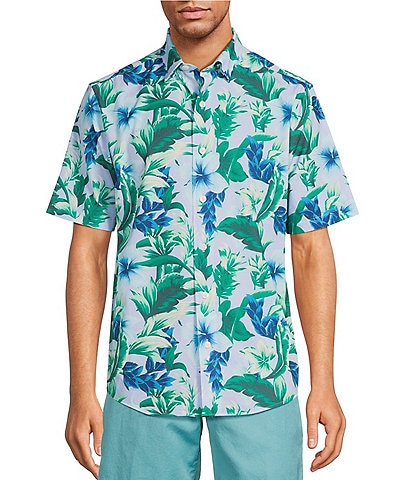 Caribbean Pastel Tropical Hibiscus Printed Short Sleeve Performance Woven Shirt