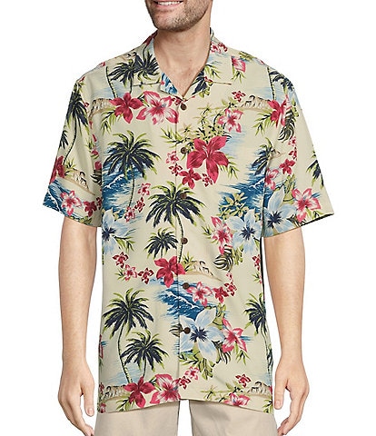 Caribbean Poly Modal Floral Tropical Paradise Beach Printed Short Sleeve Woven Shirt