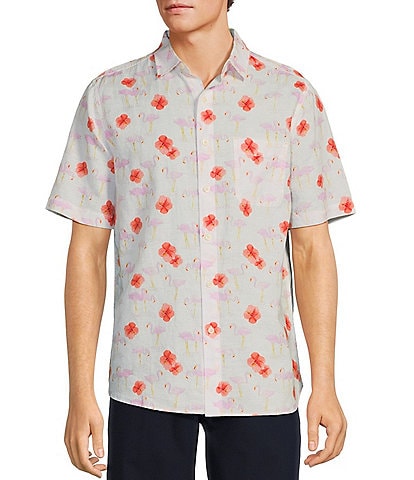 Caribbean Printed Linen White Floral Flamingo Short Sleeve Woven Shirt