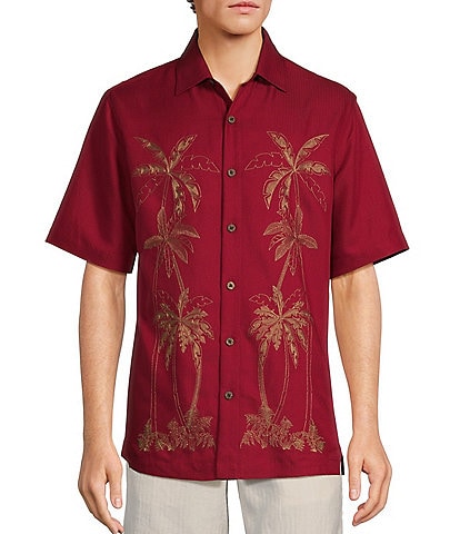 Caribbean Red Palm Panel Embroidered Relaxed Fit Short Sleeve Shirt
