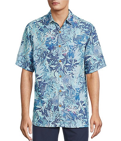 Caribbean Retro Coral Print Short Sleeve Woven Shirt