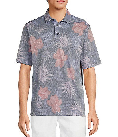 Caribbean Retro Palm Floral Jacquard Short Sleeve Polo Shirt