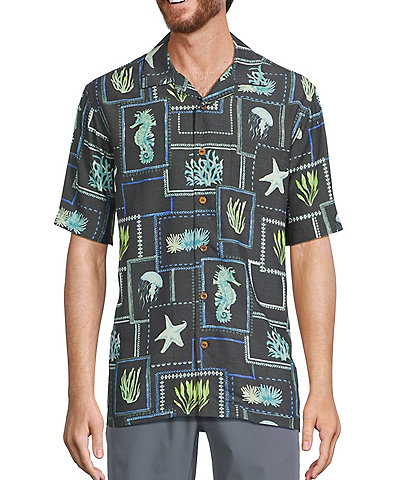 Caribbean Sea Life Tile Print Short Sleeve Woven Camp Shirt