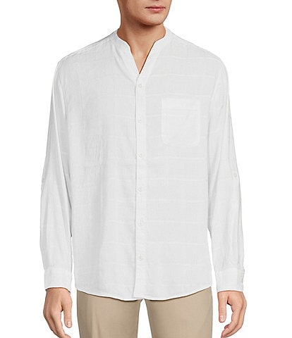 Caribbean Solid Linen Banded Collar Long Sleeve Woven Shirt