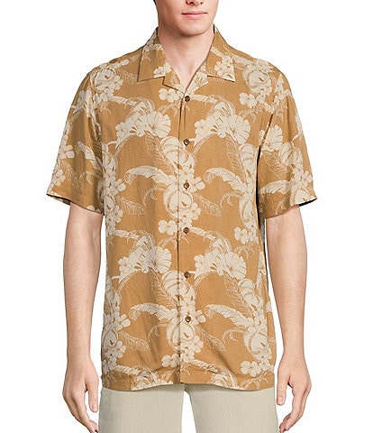 Caribbean Tan Crushed Rayon Printed Leaves Short Sleeve Woven Camp Shirt