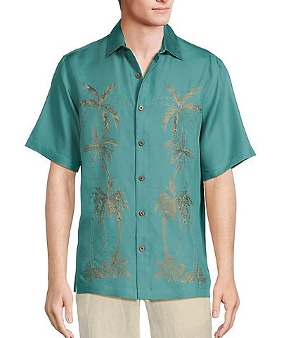 Caribbean Teal Palm Panel Embroidered Short Sleeve Shirt