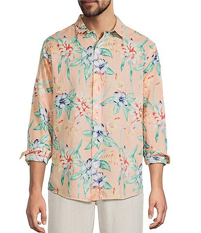 Caribbean Tropical Leaf Print Long Sleeve Woven Shirt