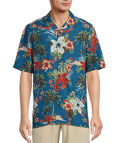 Caribbean Tropical Paradise Beach Printed Short Sleeve Woven Shirt