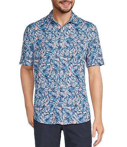 Caribbean Watercolor Leaf Print Performance Stretch Short Sleeve Woven Shirt