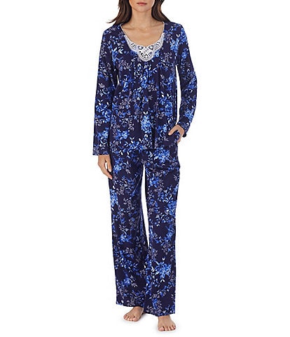 Carole Hochman Cotton Jersey Long Sleeve V-Neck & Long Pant Floral Printed Pajama Set