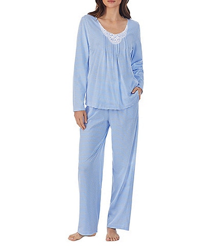 Carole Hochman Cotton Jersey Long Sleeve V-Neck & Long Pant Striped Pajama Set