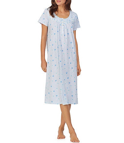 Carole Hochman Ditsy Butterfly Print Short Sleeve Round Jersey Knit Waltz Gown