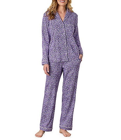 Carole Hochman Ditsy Floral Print Long Sleeve Notch Collar Knit Interlock Cotton Pant Pajama Set