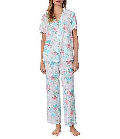 Carole Hochman Ditsy Floral Print Short Sleeve Notch Collar Jersey Knit Capri Pajama Set