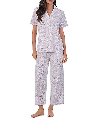 Carole Hochman Ditsy Floral Short Sleeve Notch Collar Cotton Jersey Knit Pant Pajama Set