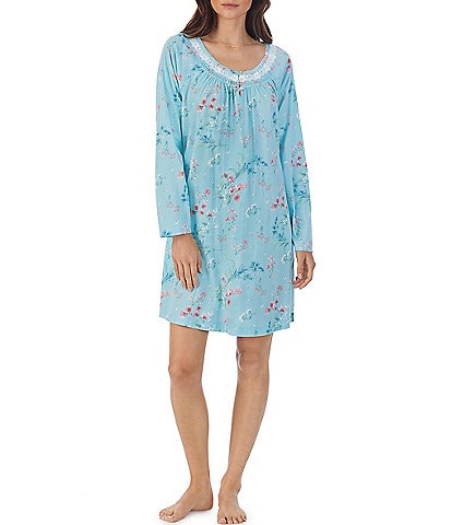 Carole Hochman Floral Knit Long Sleeve Round Neck Short Nightgown