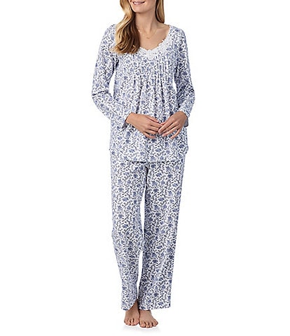 Carole Hochman Floral Print Long Sleeve V-Neck Cotton Jersey Pant Pajama Set