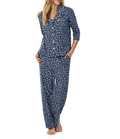 Carole Hochman Floral Print 3/4 Sleeve Notch Collar Jersey Knit Long Pajama Set