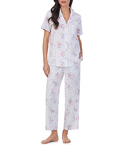 Carole Hochman Floral Print Short Sleeve Notch Collar Cotton Jersey Knit Pant Pajama Set