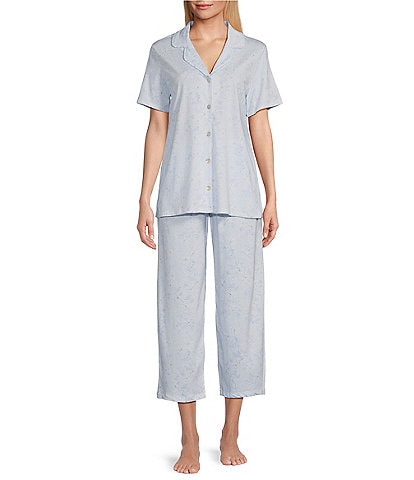 Carole Hochman Floral Print Short Sleeve Notch Collar Jersey Knit Capri Pajama Set